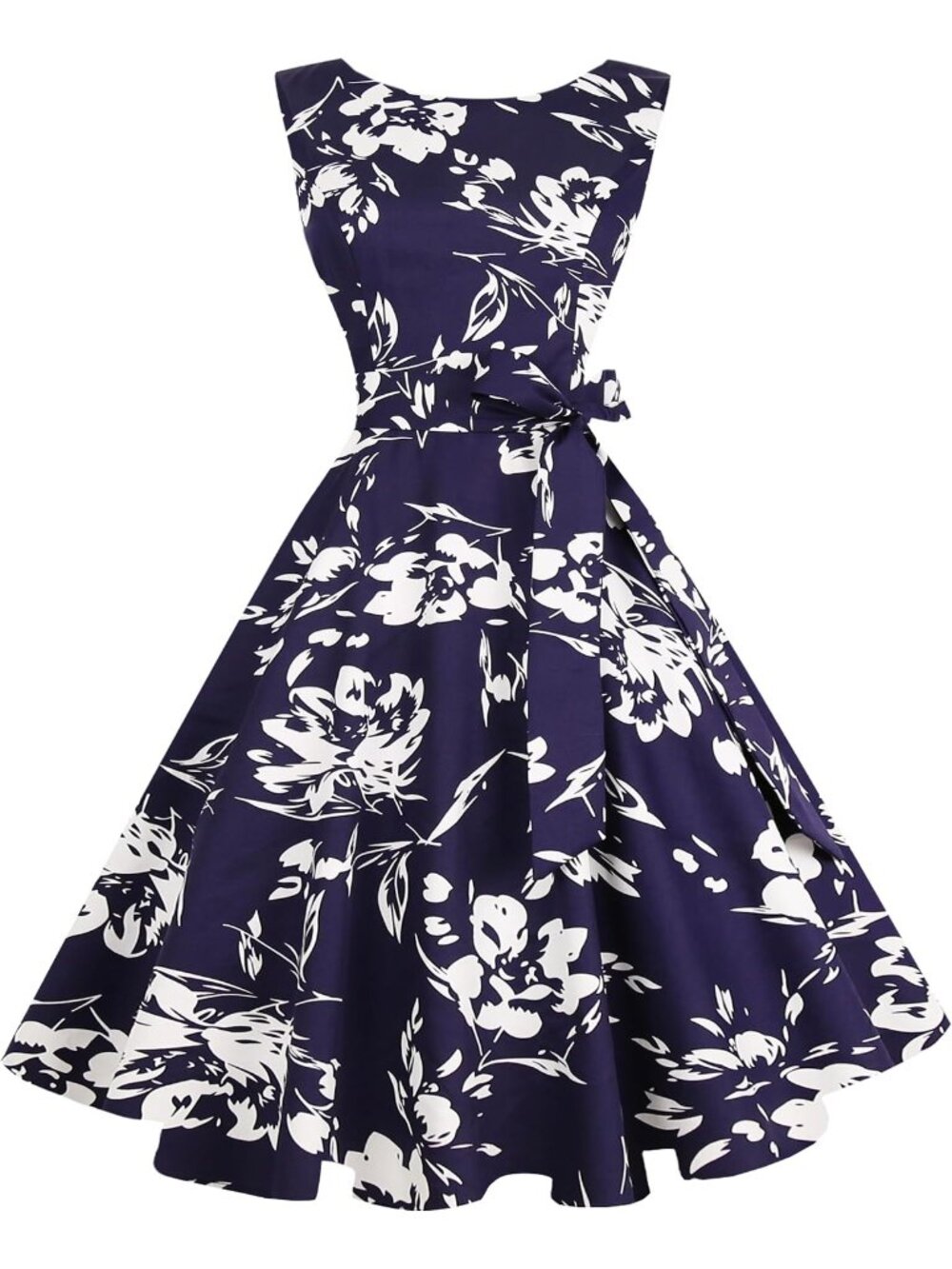 Women's Navy Floral Boat Neck Sleeveless Western Zipper Cocktail Maxi Dress